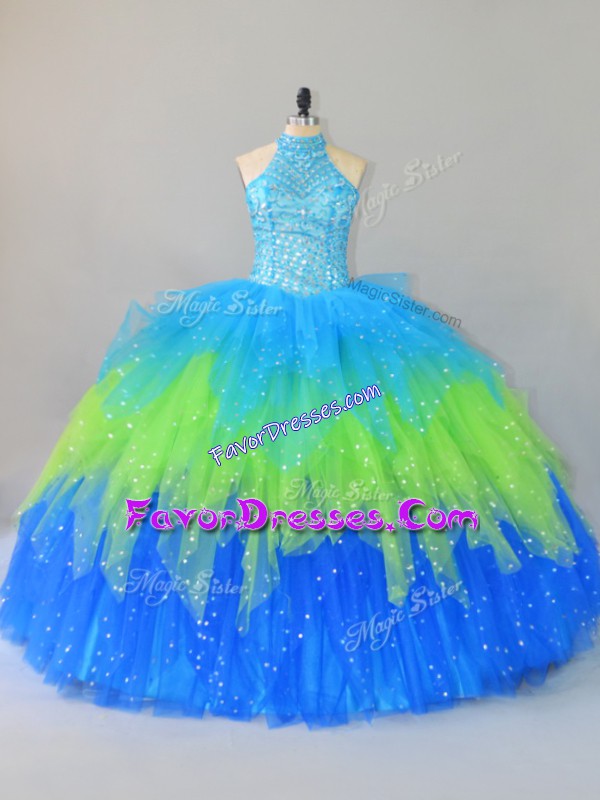 Beading and Ruffles 15th Birthday Dress Multi-color Lace Up Sleeveless Floor Length
