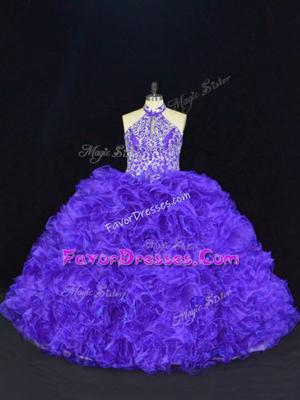  Purple Sleeveless Floor Length Beading and Ruffles Lace Up Ball Gown Prom Dress