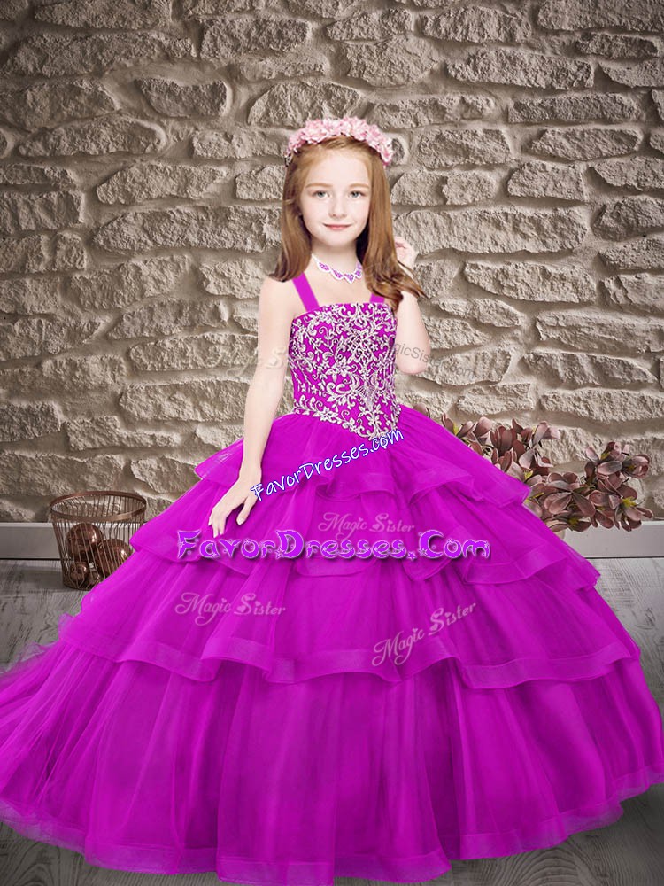 Customized Purple Tulle Lace Up Little Girls Pageant Dress Sleeveless Sweep Train Embroidery and Ruffled Layers