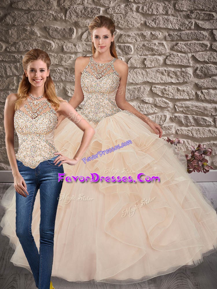 Deluxe Champagne Lace Up Scoop Beading and Ruffles Sweet 16 Dresses Tulle Sleeveless Brush Train