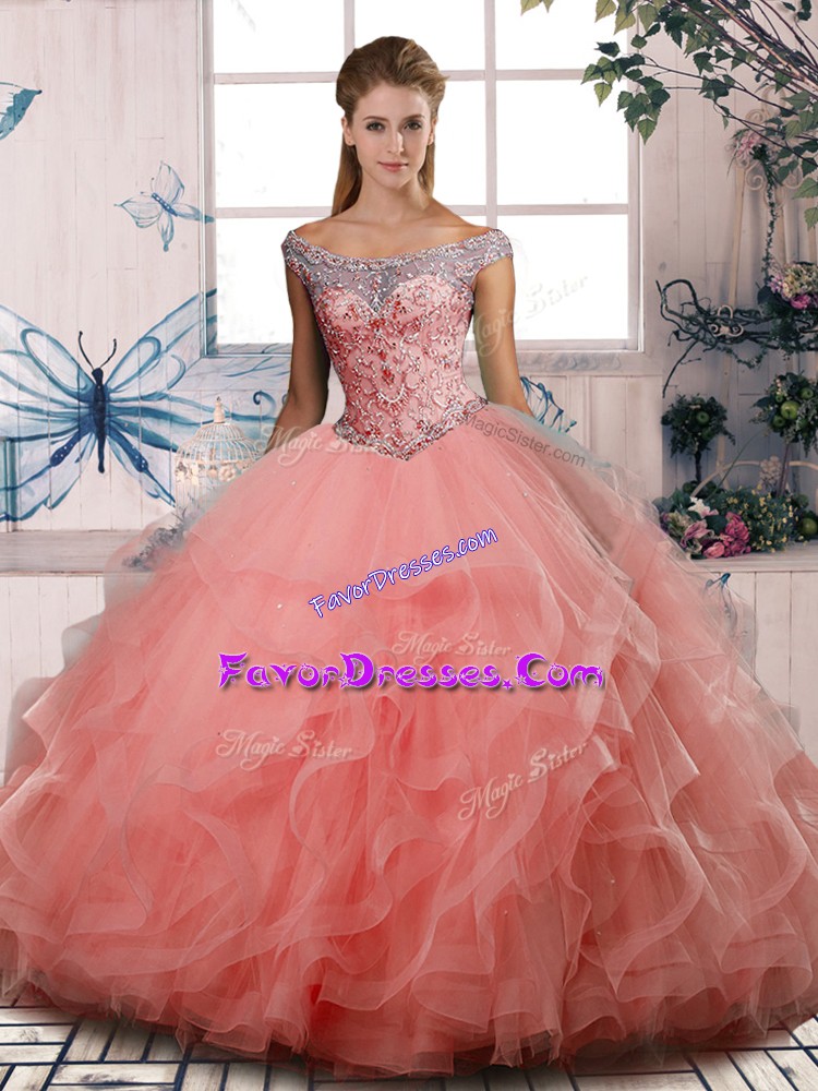 Enchanting Watermelon Red Tulle Lace Up Off The Shoulder Sleeveless Floor Length 15th Birthday Dress Beading