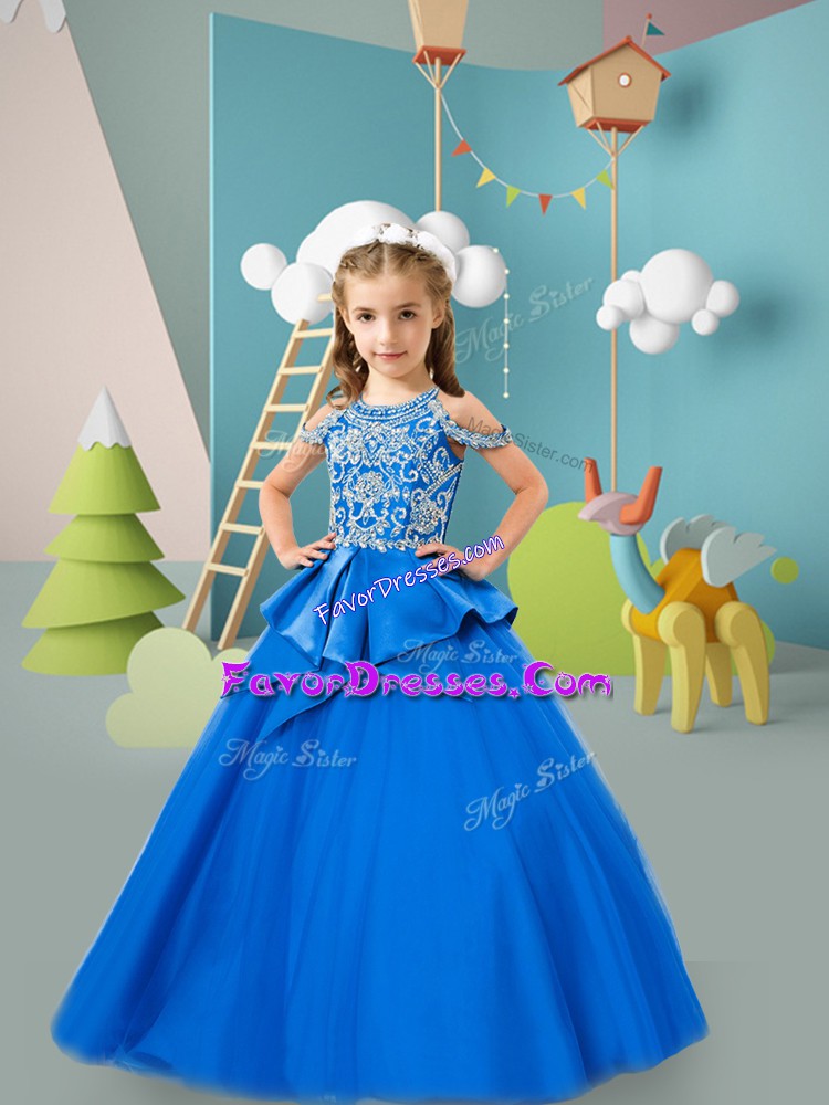  Scoop Sleeveless Zipper Little Girls Pageant Gowns Royal Blue Tulle