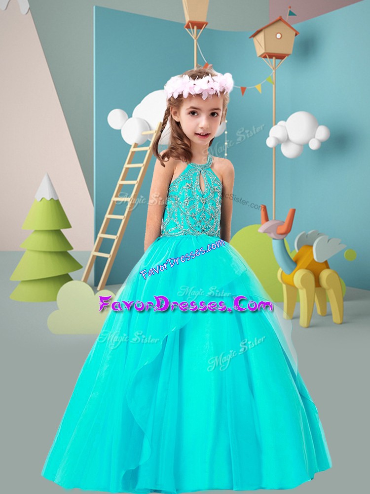  Halter Top Sleeveless Tulle Pageant Gowns For Girls Beading Zipper