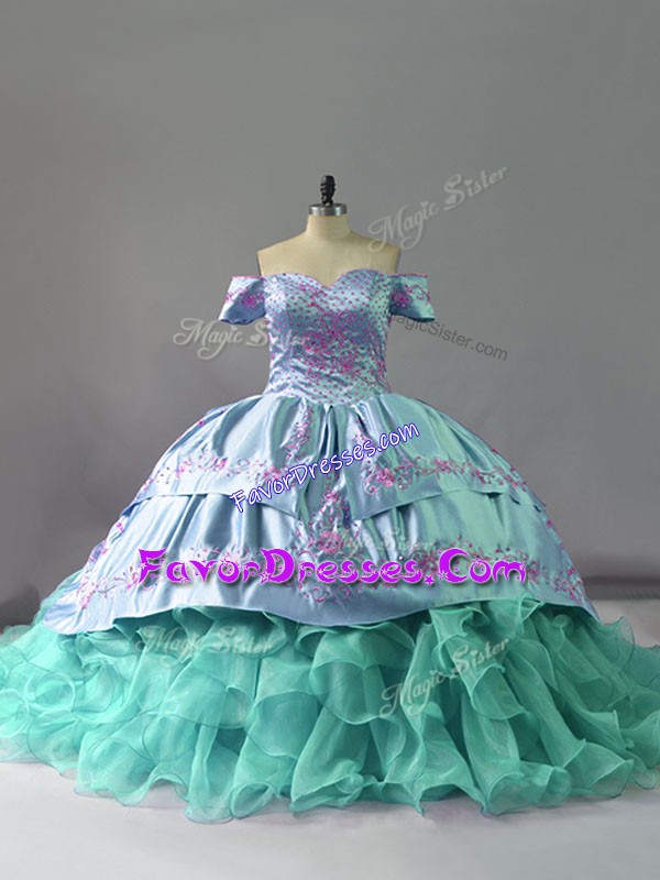 Graceful Embroidery and Ruffles Quinceanera Gown Blue Lace Up Sleeveless Chapel Train