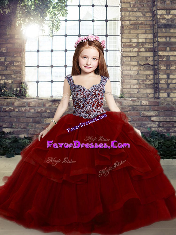  Red Straps Lace Up Beading and Ruffles Kids Pageant Dress Sleeveless