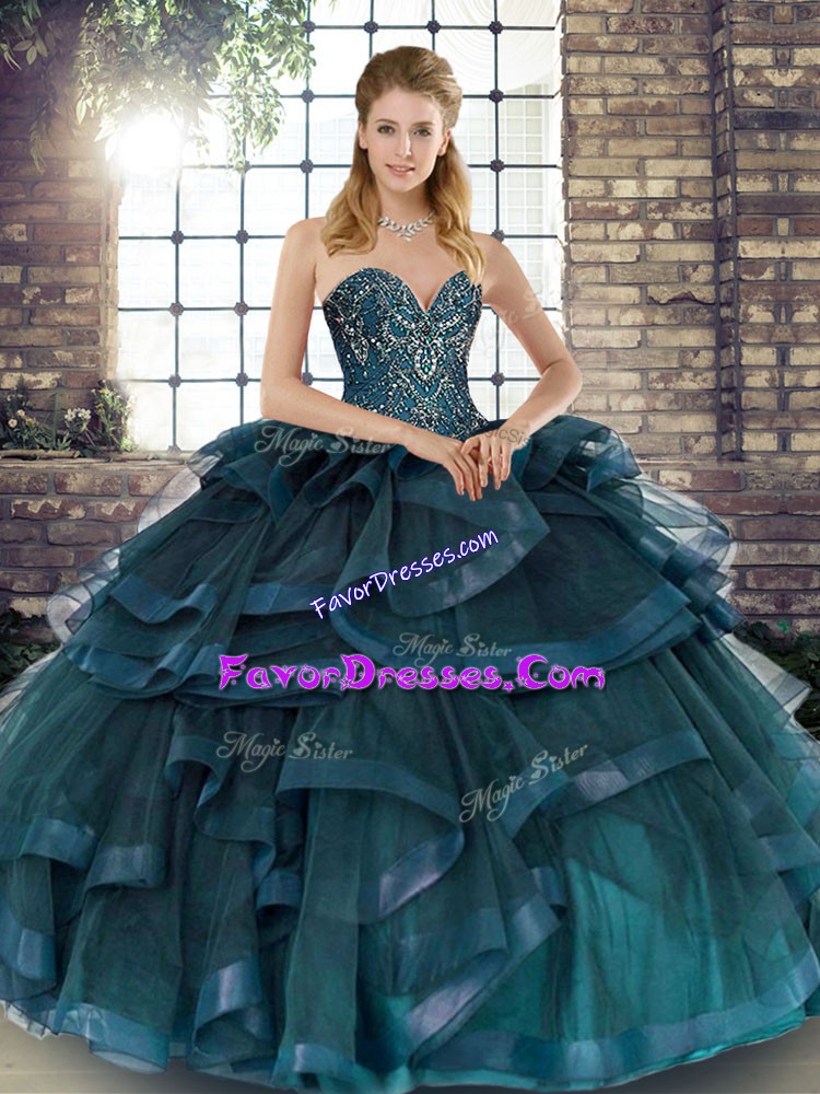 Modern Sleeveless Tulle Floor Length Lace Up 15 Quinceanera Dress in Teal with Beading and Ruffles