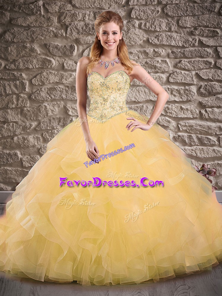 Comfortable Gold Quinceanera Gown Tulle Brush Train Sleeveless Beading and Ruffles