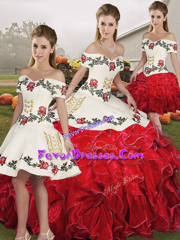 Graceful White And Red Organza Lace Up Sweet 16 Quinceanera Dress Sleeveless Floor Length Embroidery and Ruffles
