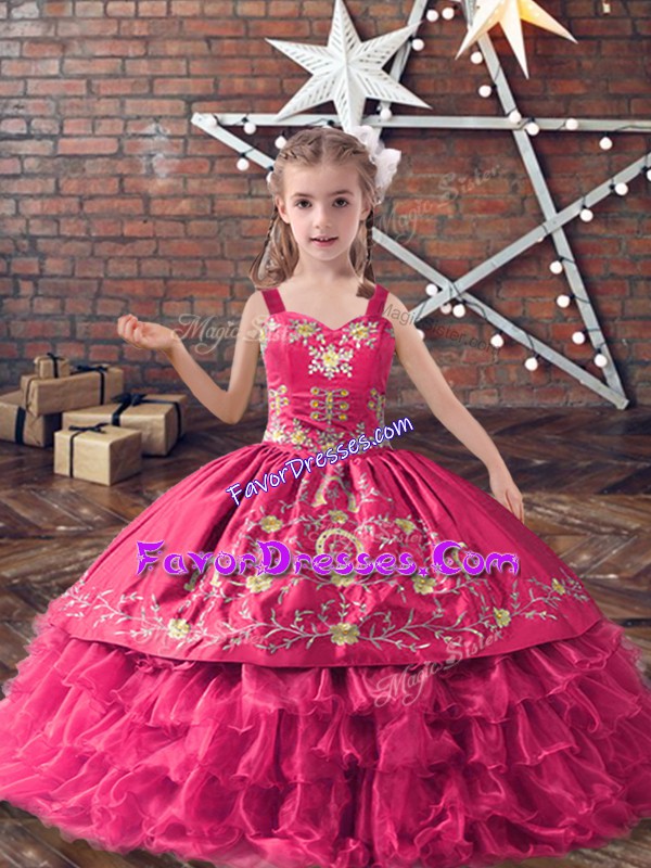 Excellent Ball Gowns Little Girls Pageant Dress Wholesale Hot Pink Straps Satin and Organza Sleeveless Floor Length Lace Up