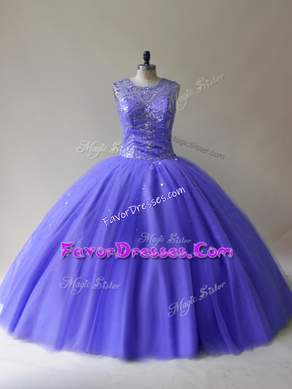  Purple Sleeveless Beading Floor Length Quinceanera Gown