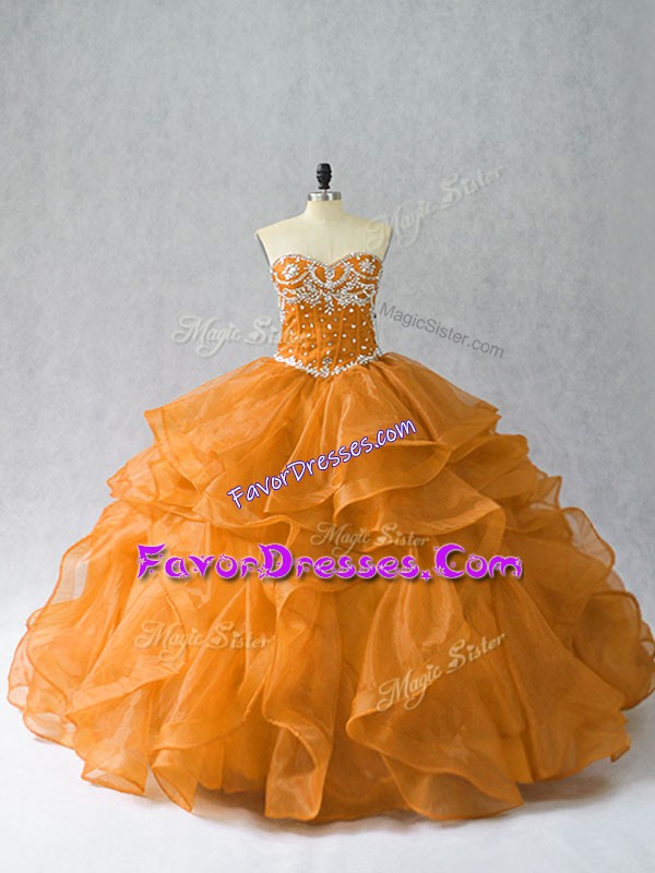 Perfect Sleeveless Floor Length Beading and Ruffles Lace Up Quince Ball Gowns with Orange