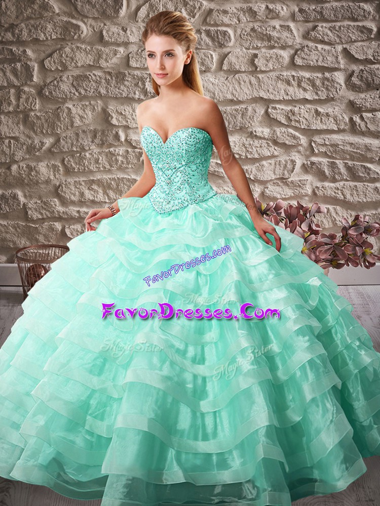  Ball Gowns Sleeveless Apple Green Sweet 16 Quinceanera Dress Brush Train Lace Up