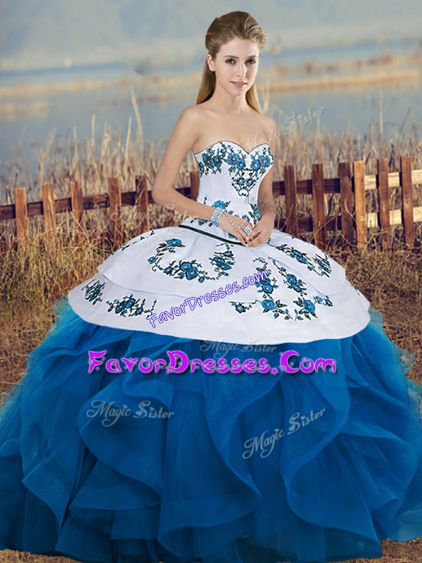 Blue And White Ball Gowns Tulle Sweetheart Sleeveless Embroidery and Ruffles and Bowknot Floor Length Lace Up Quinceanera Gown