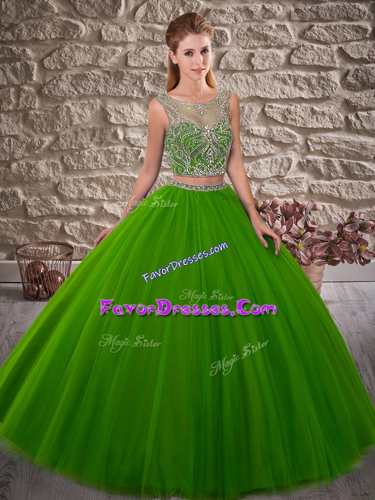  Green Two Pieces Beading Quinceanera Gowns Lace Up Tulle Sleeveless
