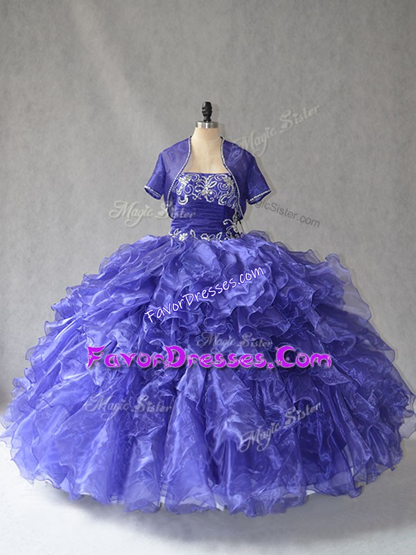 Exceptional Sleeveless Organza Floor Length Lace Up Quinceanera Gown in Blue with Beading and Ruffles