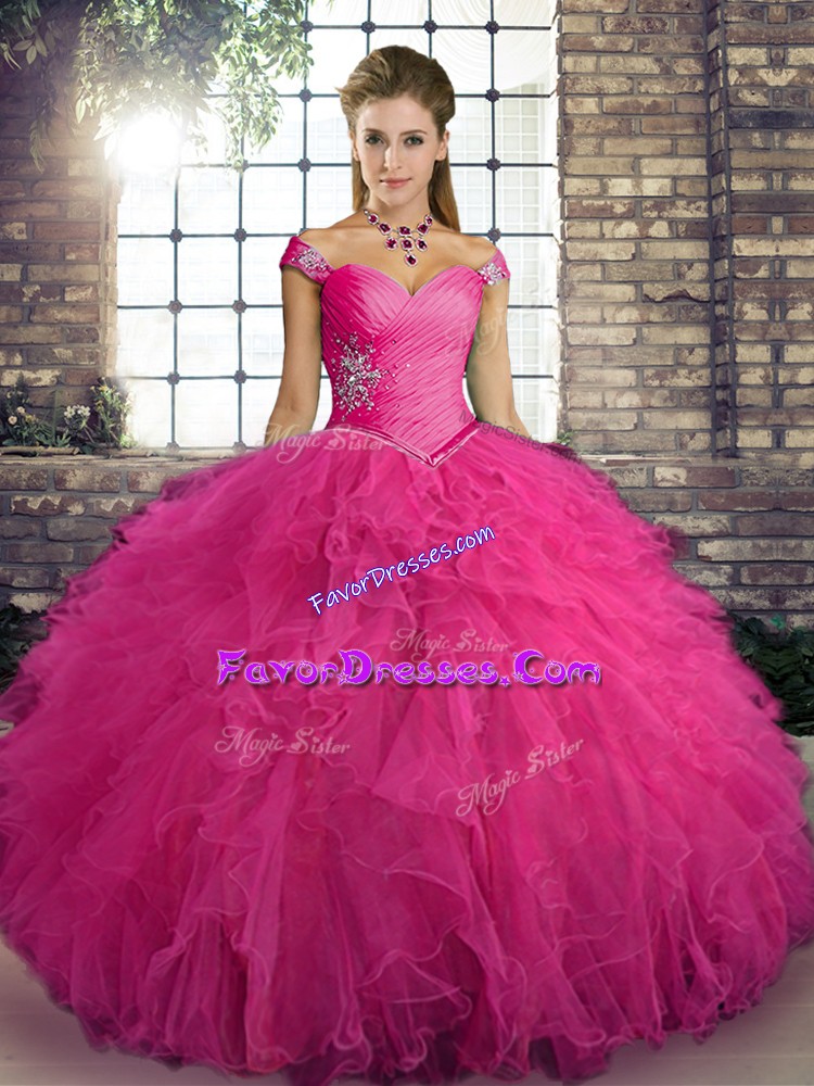 Custom Fit Beading and Ruffles Quinceanera Dress Hot Pink Lace Up Sleeveless Floor Length