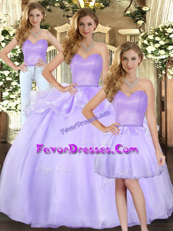  Lavender Three Pieces Beading Quince Ball Gowns Lace Up Organza Sleeveless Floor Length