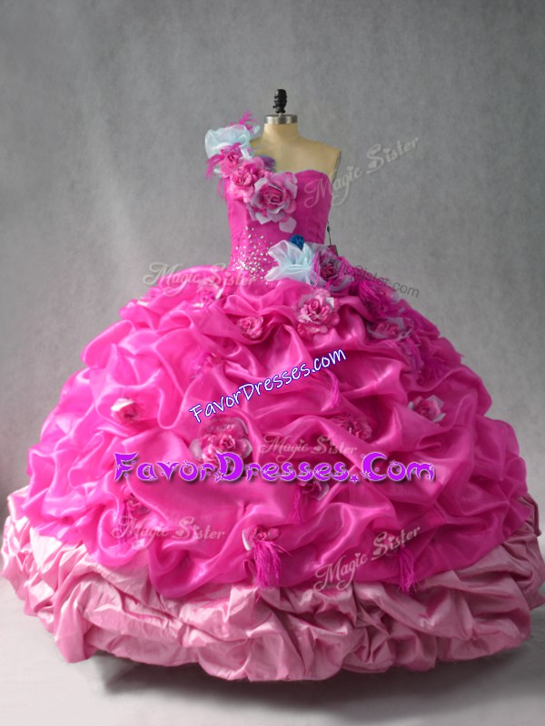  Fuchsia Organza Lace Up One Shoulder Sleeveless Floor Length Quinceanera Gowns Pick Ups and Hand Made Flower
