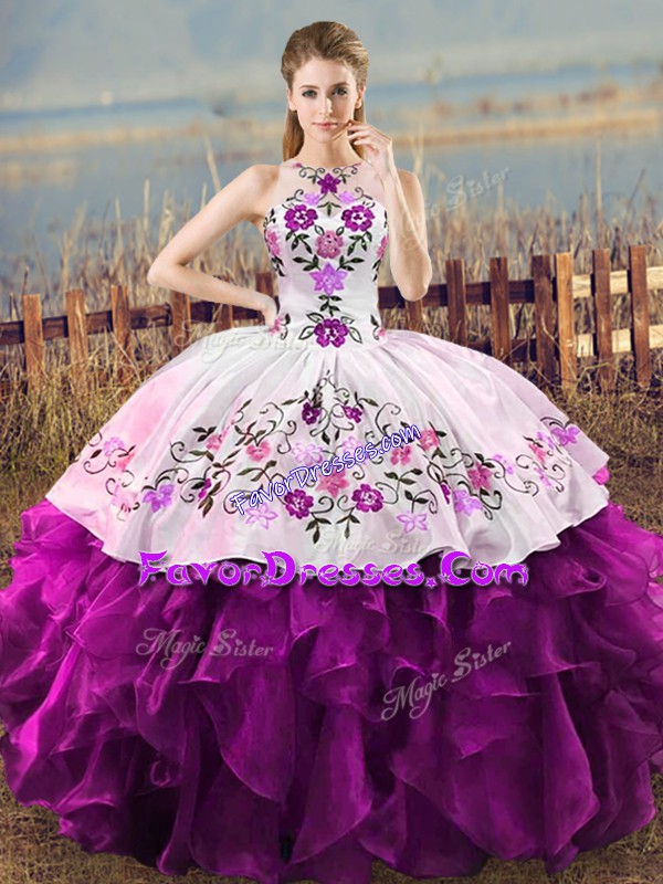 White And Purple Organza Lace Up Ball Gown Prom Dress Sleeveless Floor Length Embroidery and Ruffles