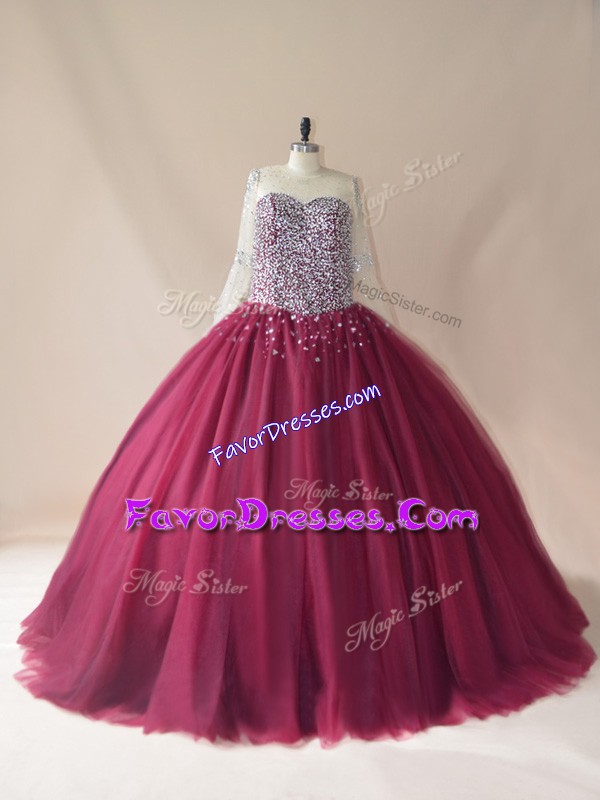  Burgundy Lace Up Scoop Beading Quinceanera Gown Tulle Long Sleeves Brush Train