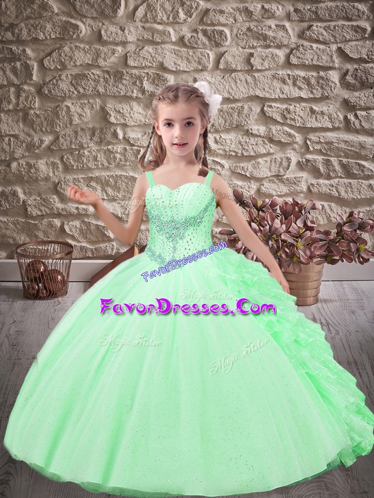  Apple Green Sleeveless Brush Train Beading and Ruffles Little Girls Pageant Dress