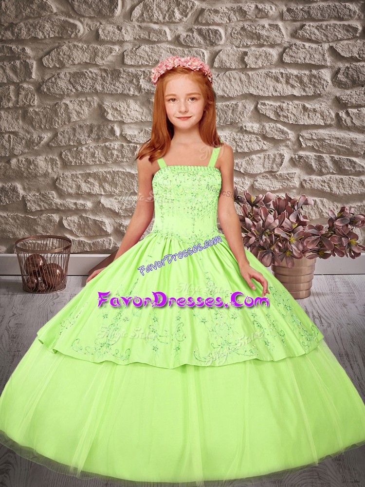  Straps Sleeveless Sweep Train Lace Up Little Girl Pageant Dress Satin and Tulle