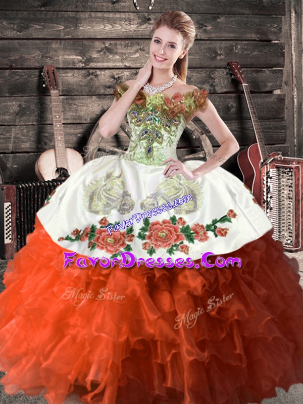 Best Rust Red Sleeveless Embroidery and Ruffles Floor Length Quinceanera Dresses