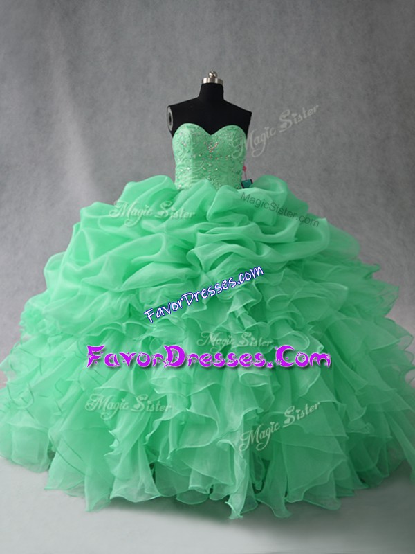 Beading and Ruffles and Pick Ups 15 Quinceanera Dress Apple Green Lace Up Sleeveless Floor Length