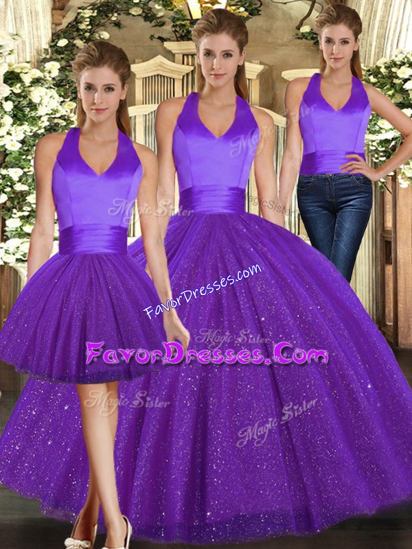  Purple Halter Top Lace Up Ruching Quinceanera Gowns Sleeveless