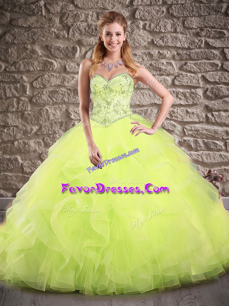 Lace Up Quinceanera Dresses Yellow Green for Military Ball and Sweet 16 and Quinceanera with Beading and Ruffles Brush Train