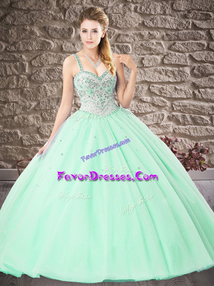  Straps Sleeveless Sweet 16 Dresses Floor Length Beading and Lace Apple Green Tulle