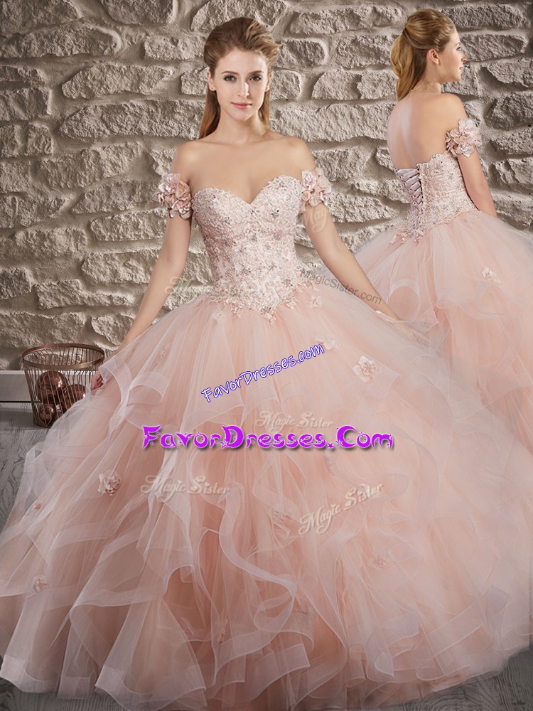 Glorious Pink Sweetheart Lace Up Lace and Ruffles Quinceanera Gowns Brush Train Sleeveless