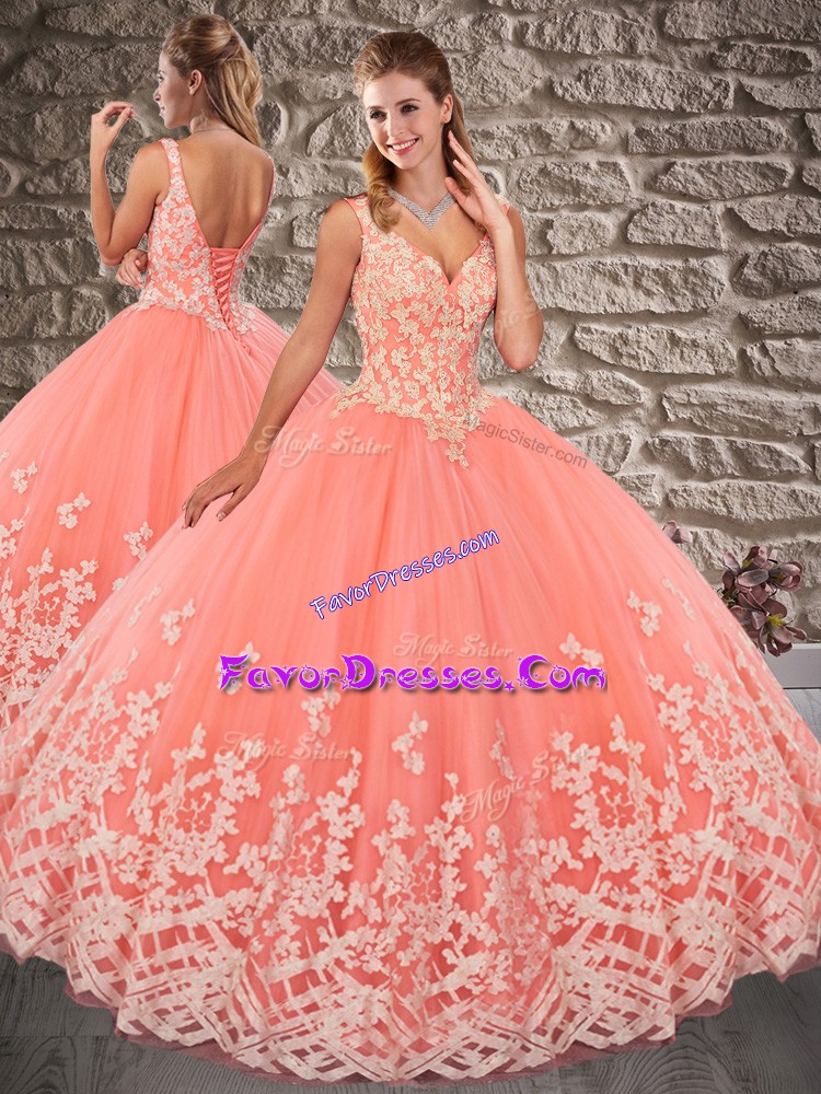 Traditional Peach Tulle Lace Up Sweet 16 Quinceanera Dress Sleeveless Brush Train Appliques