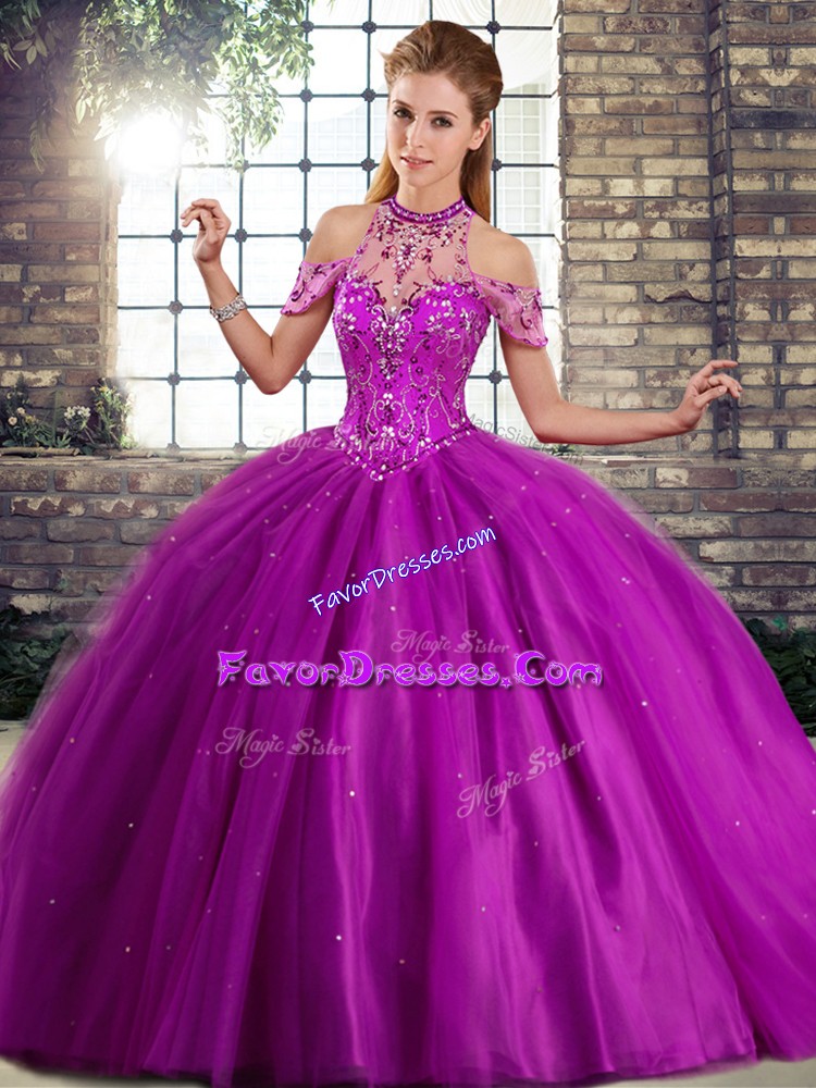  Halter Top Sleeveless Sweet 16 Quinceanera Dress Brush Train Beading Purple Tulle