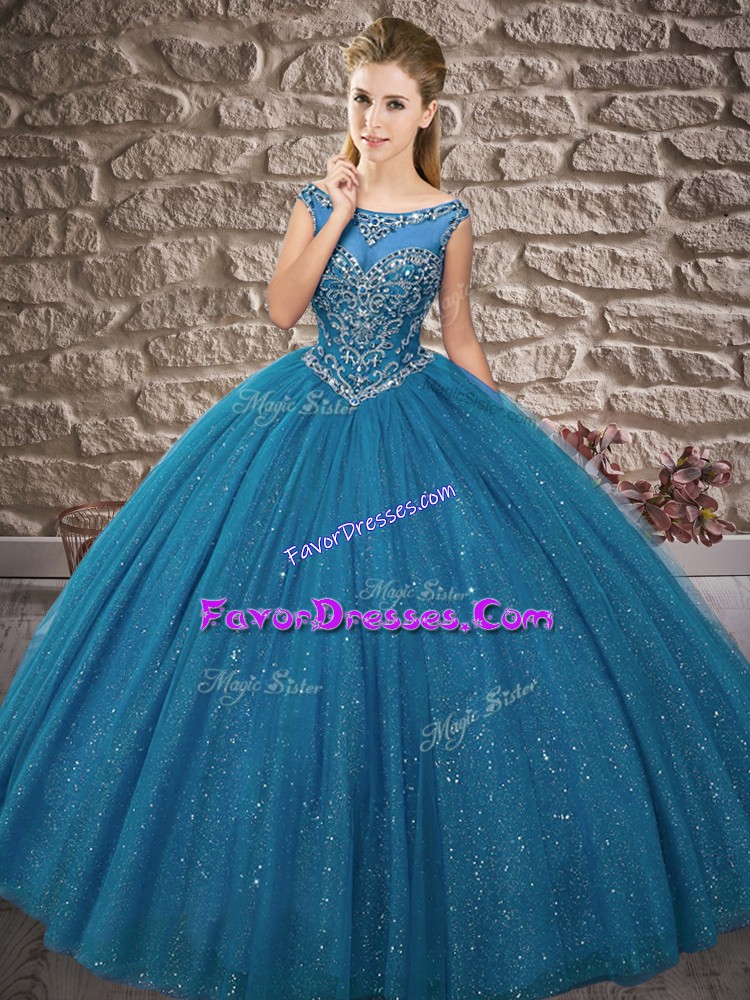  Blue Ball Gowns Tulle Off The Shoulder Sleeveless Beading Floor Length Zipper Quinceanera Gown