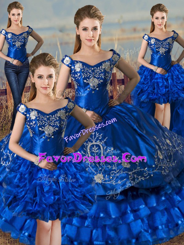 Comfortable Royal Blue Lace Up Off The Shoulder Embroidery and Ruffled Layers Quinceanera Dresses Satin and Organza Sleeveless