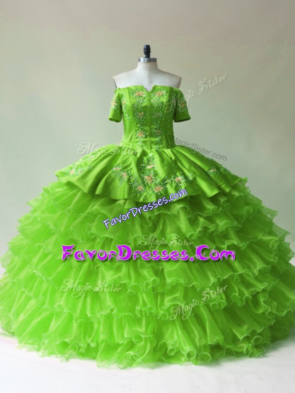  Organza Off The Shoulder Sleeveless Lace Up Embroidery and Ruffled Layers Vestidos de Quinceanera in 