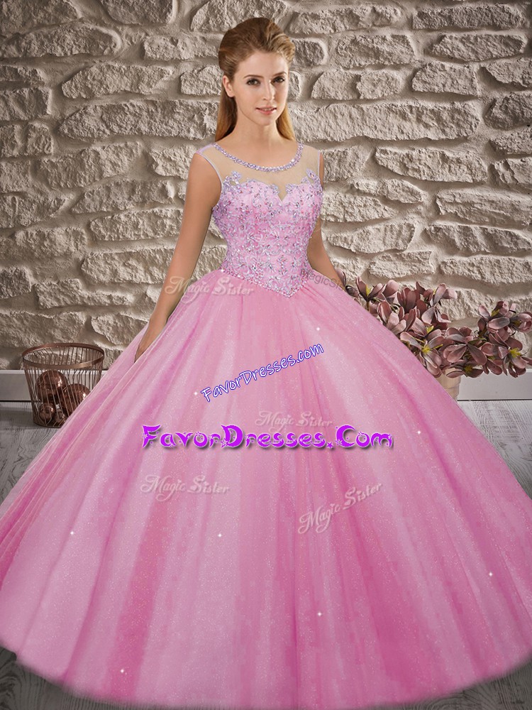 Glamorous Sleeveless Tulle Floor Length Backless Quinceanera Gowns in Rose Pink with Beading