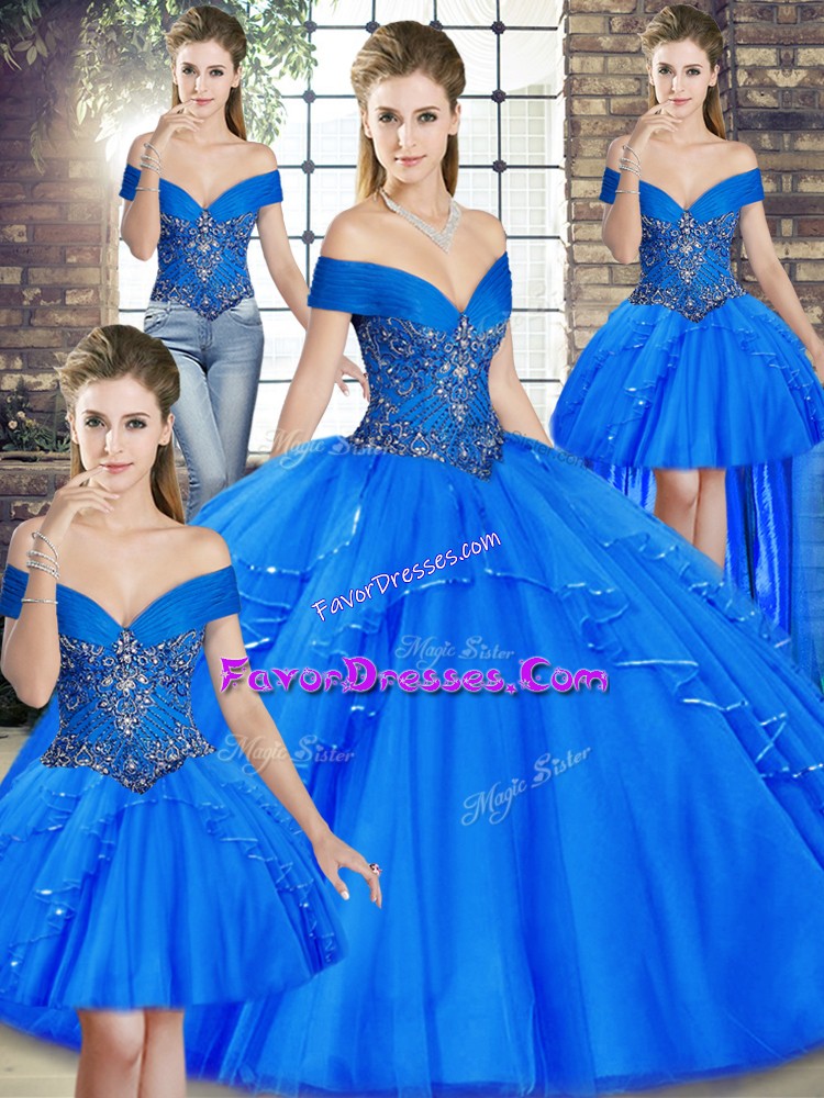  Floor Length Royal Blue Quinceanera Dress Tulle Sleeveless Beading and Ruffles
