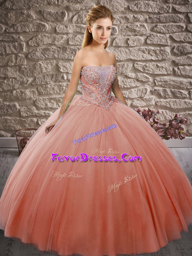  Floor Length Peach Sweet 16 Dress Tulle Sleeveless Beading