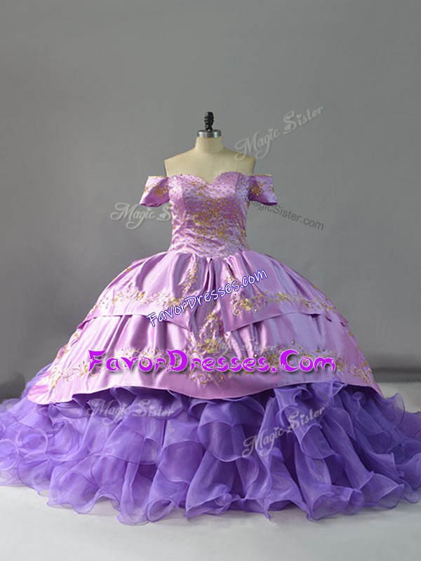 Modern Lavender Lace Up Vestidos de Quinceanera Embroidery and Ruffles Sleeveless Chapel Train
