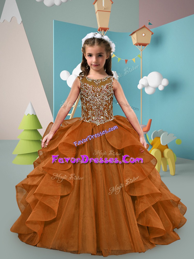  Sleeveless Tulle Sweep Train Lace Up Kids Formal Wear in Brown with Beading and Ruffles