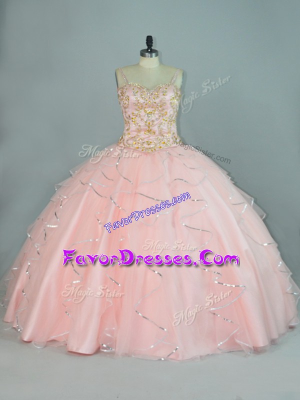 High Quality Tulle Sleeveless Floor Length Quinceanera Gown and Beading and Ruffles