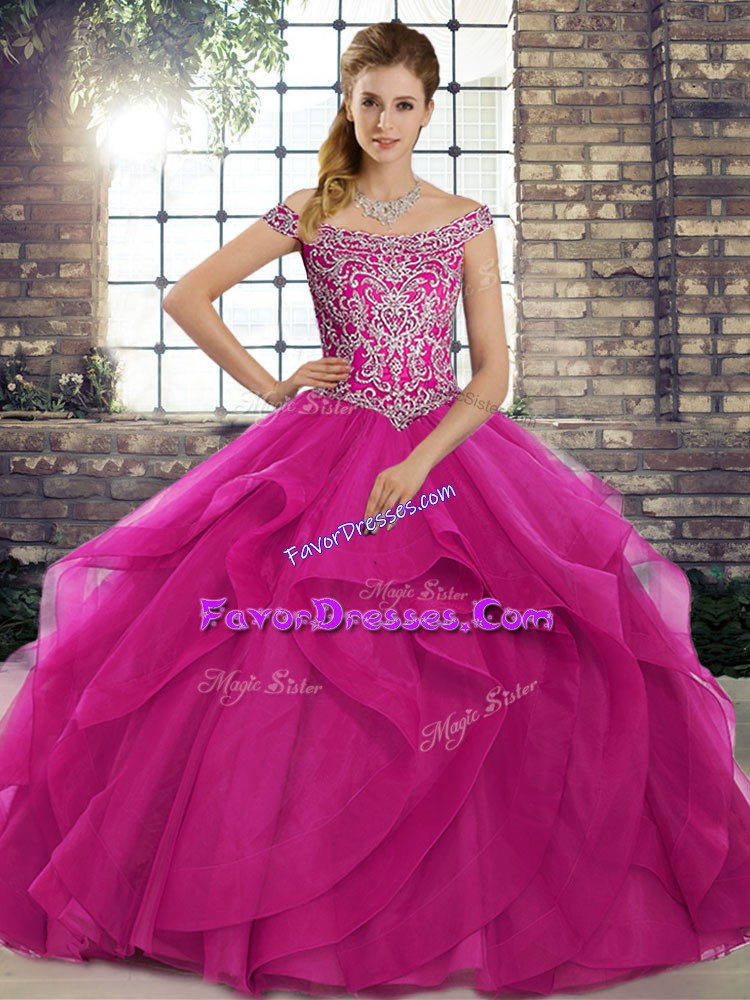 Glittering Tulle Sleeveless Ball Gown Prom Dress Brush Train and Beading and Ruffles