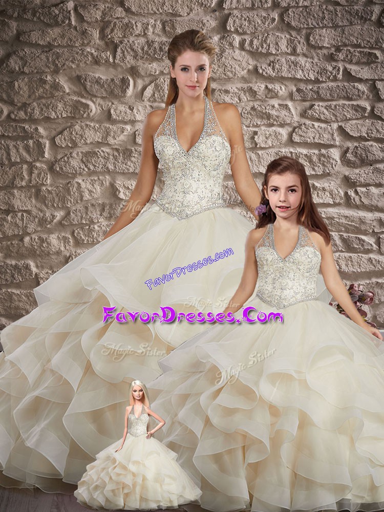 Fantastic Brush Train Ball Gowns Sweet 16 Quinceanera Dress Champagne Halter Top Tulle Sleeveless Lace Up
