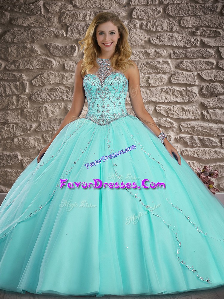  Lace Up 15th Birthday Dress Apple Green for Military Ball and Sweet 16 and Quinceanera with Beading Brush Train