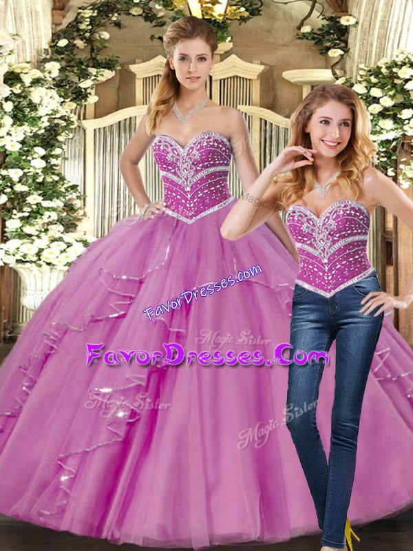 On Sale Floor Length Lace Up Quince Ball Gowns Lilac for Sweet 16 and Quinceanera with Beading