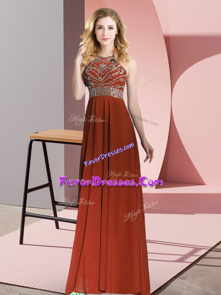  Floor Length Backless Prom Gown Rust Red for Prom and Party with Beading