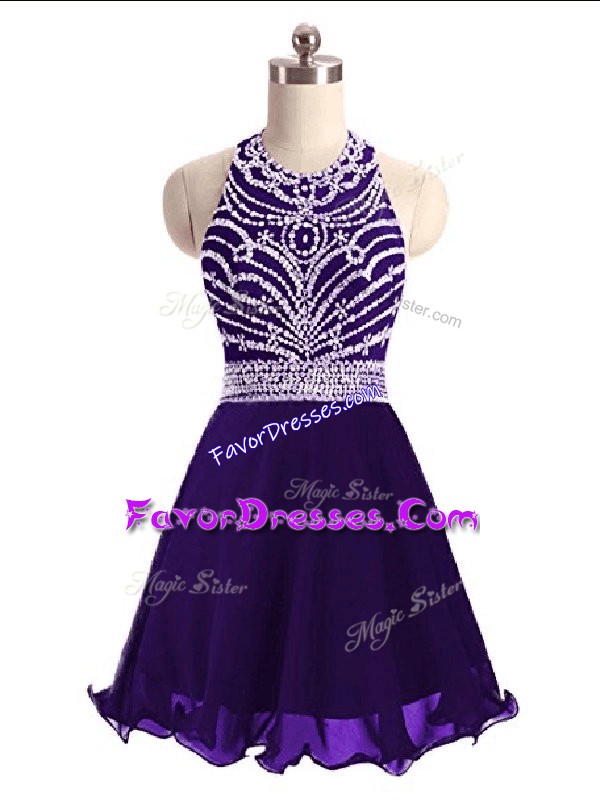  Purple Empire Chiffon Halter Top Sleeveless Beading Mini Length Lace Up Evening Dress