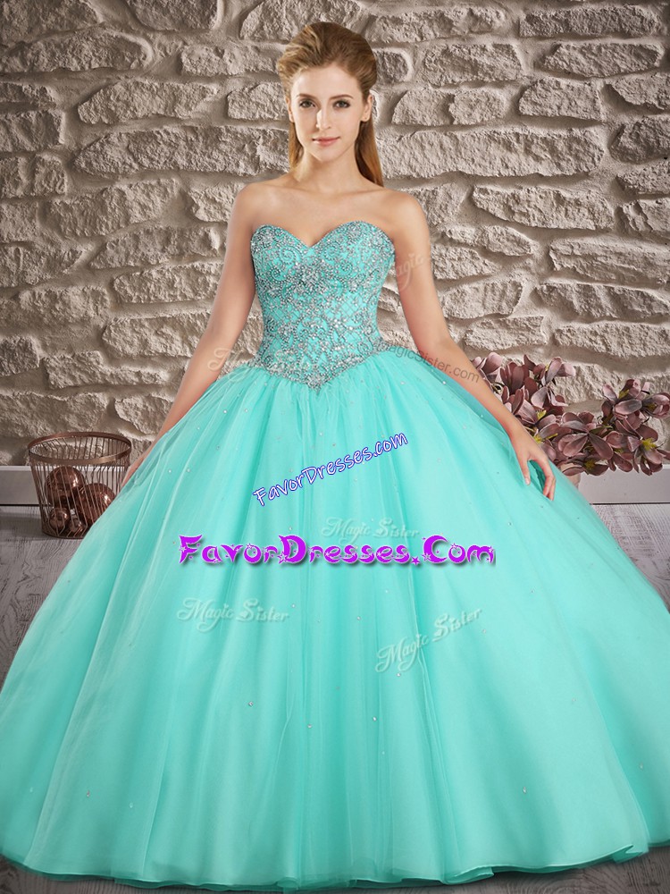  Sleeveless Tulle Brush Train Lace Up 15th Birthday Dress in Apple Green with Beading
